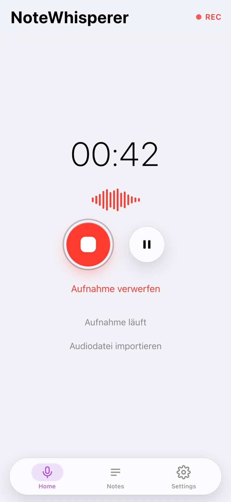Laufende Aufnahme mit Timer, animierter Pegelanzeige sowie Stopp- und Pause-Button