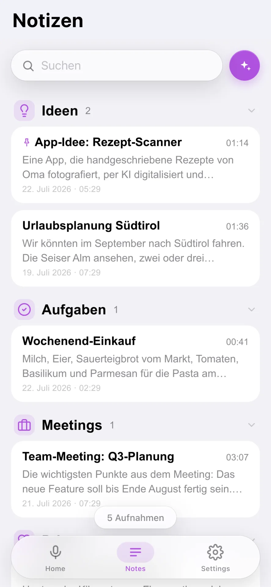 Notizen-Übersicht mit Suchfeld und Notizen, gruppiert in die Kategorien Ideen, Aufgaben und Meetings