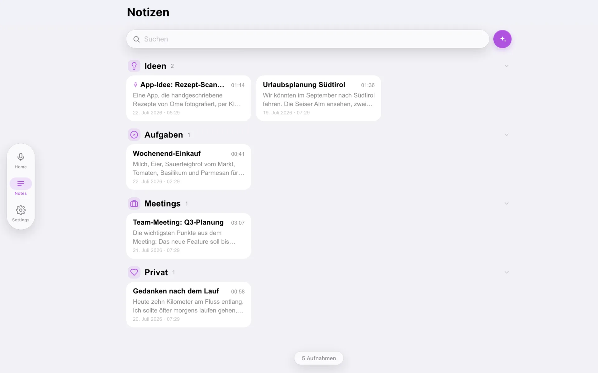 NoteWhisperer auf dem Desktop: Notizen-Übersicht im mehrspaltigen Layout mit seitlicher Glas-Navigation