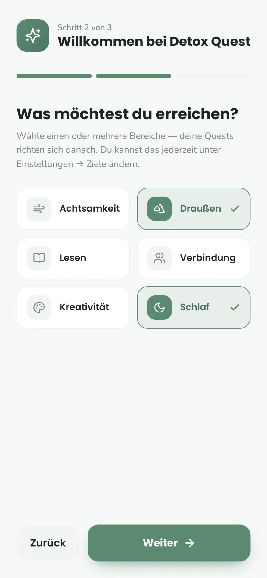 Onboarding-Schritt „Was möchtest du erreichen?“ mit sechs wählbaren Themen-Kacheln, Draußen und Schlaf sind ausgewählt