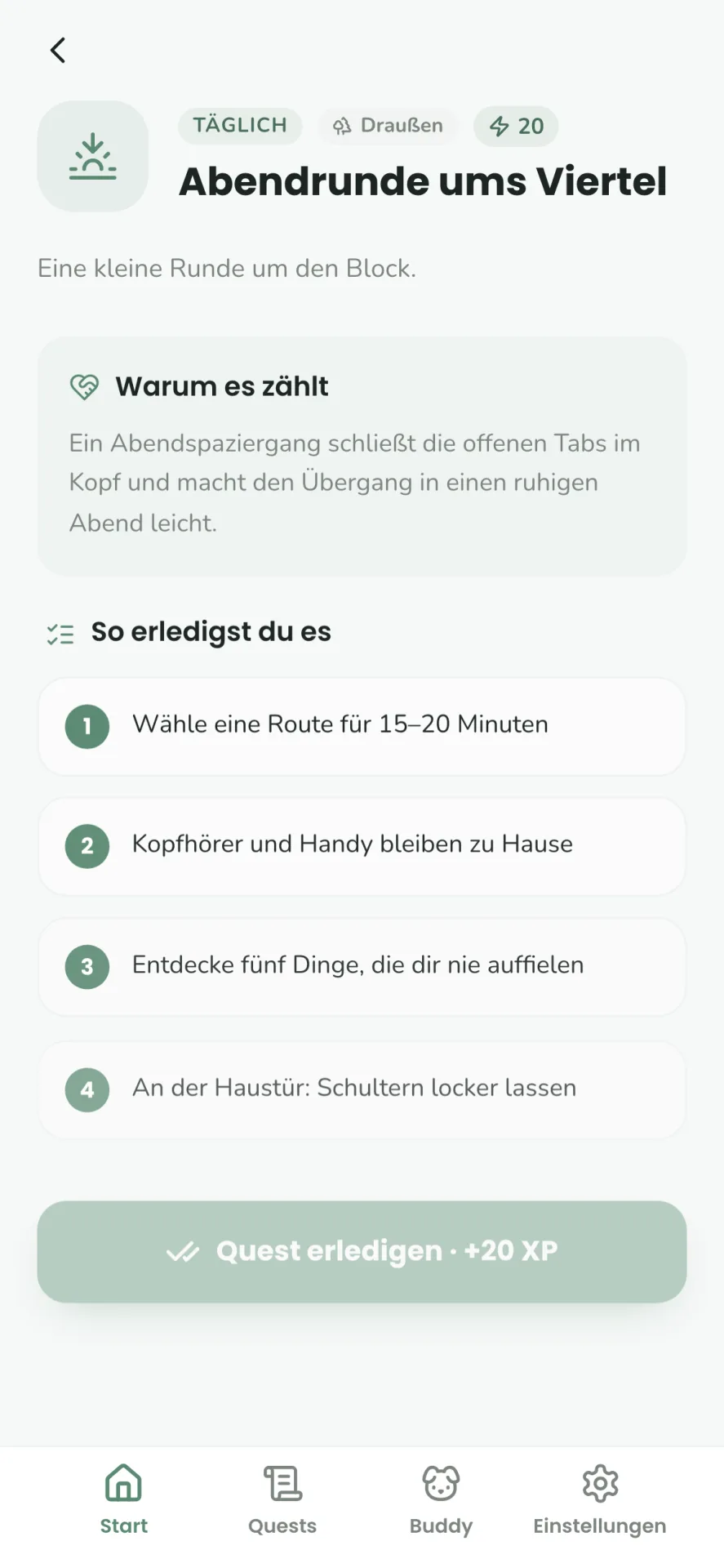Detailansicht der Quest „Abendrunde ums Viertel“ mit Themen-Badge, „Warum es zählt“ und nummerierten Schritten