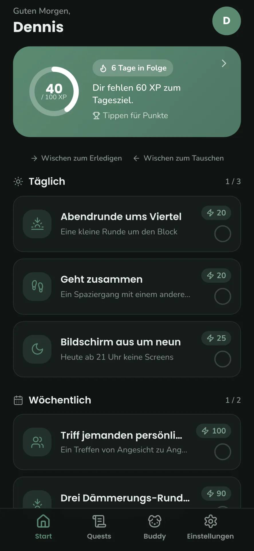 Startbildschirm im Dunkelmodus