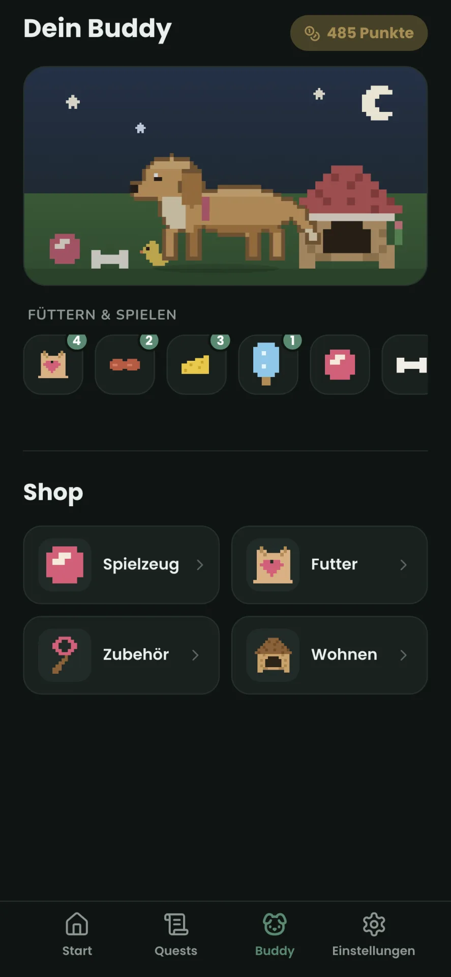 Buddy-Szene bei Nacht: dunkelblauer Himmel mit Pixel-Mond und Sternen, abgedunkelte Szene